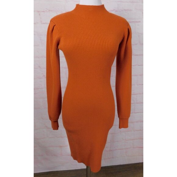 Rust Ribbed Knit Bodycon Sweater Dress Small Long Sleeve Mock Neck Fall - Picture 1 of 11